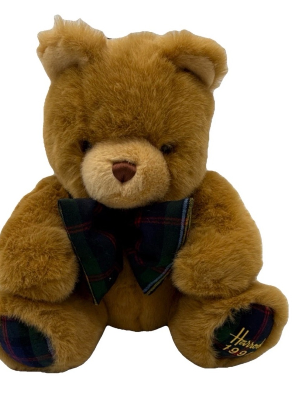 Vintage Harrods tan and black plaid embroidered 1994 teddy detail